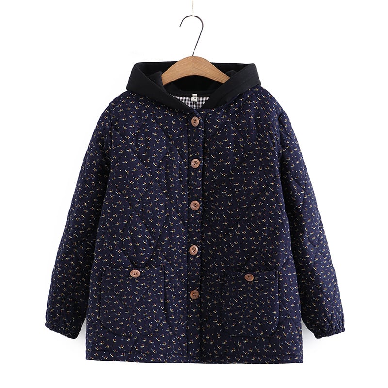 Moteriškas medvilniniu užpildytu paltu su gobtuvu, gėlėtas raštas, retro stilius, Korėjos įtaka, nacionalinis stilius, žiema 2022