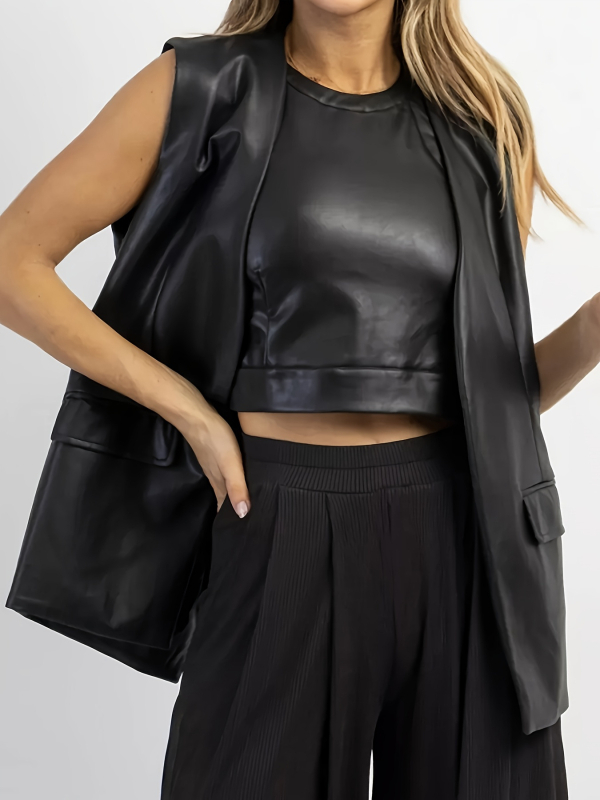 Γυναικείο PU δερμάτινο γιλέκο-καρντόγκαν χωρίς μανίκια με V-λαιμό και στάσιμο κολάρο, μονόχρωμο μοντέλο, άνοιξη 2025