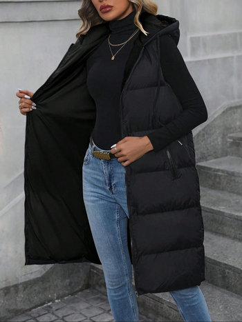 Ilga kapucė be rankovių striukė su užtrauktuku, išorė poliesteris, vidinis užpildas iš medvilnės