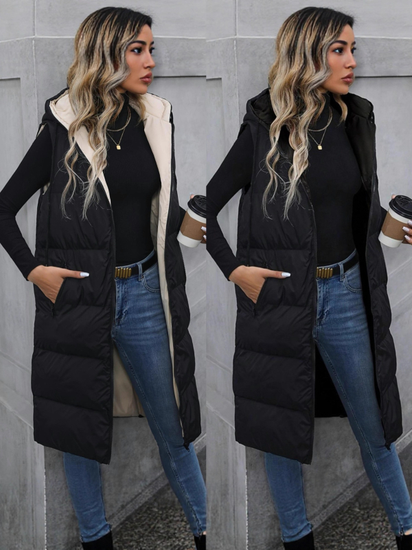 Ilga kapucė be rankovių striukė su užtrauktuku, išorė poliesteris, vidinis užpildas iš medvilnės