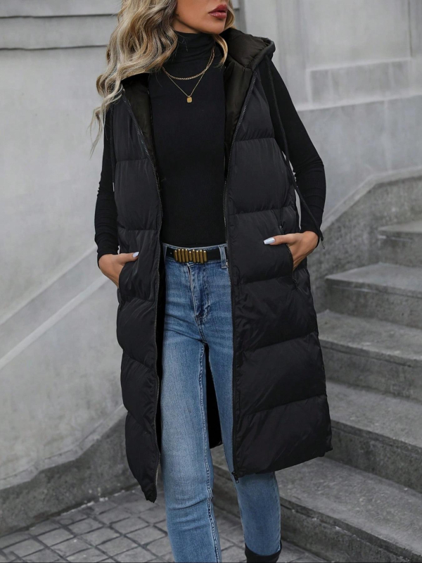 Ilga kapucė be rankovių striukė su užtrauktuku, išorė poliesteris, vidinis užpildas iš medvilnės