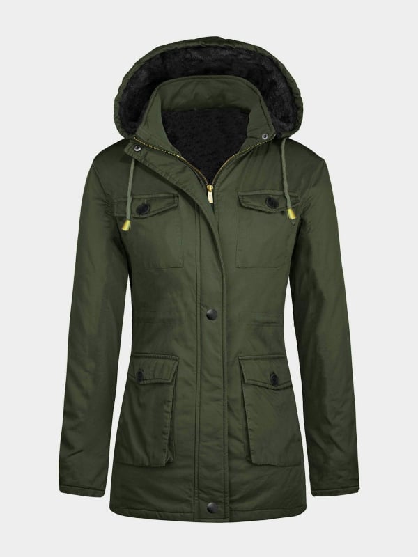 Tanki žieminė parka su poliesterio-pamuko užpildas, daug kišenių, kontrastinis užtrauktukas, vidinis raištis, gaubta