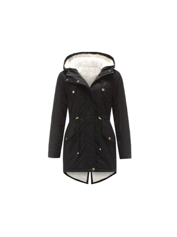 Moteriška vidutinio ilgio parka su gobtuvu, medvilnės užpildas, poliesterio-elastano audinys, stora, laisvas kirpimas, ilgos rankovės, užtrauktukas, žiema 2024