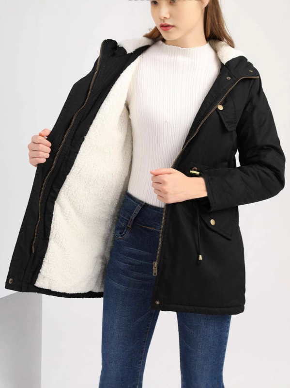 Moteriška vidutinio ilgio parka su gobtuvu, medvilnės užpildas, poliesterio-elastano audinys, stora, laisvas kirpimas, ilgos rankovės, užtrauktukas, žiema 2024