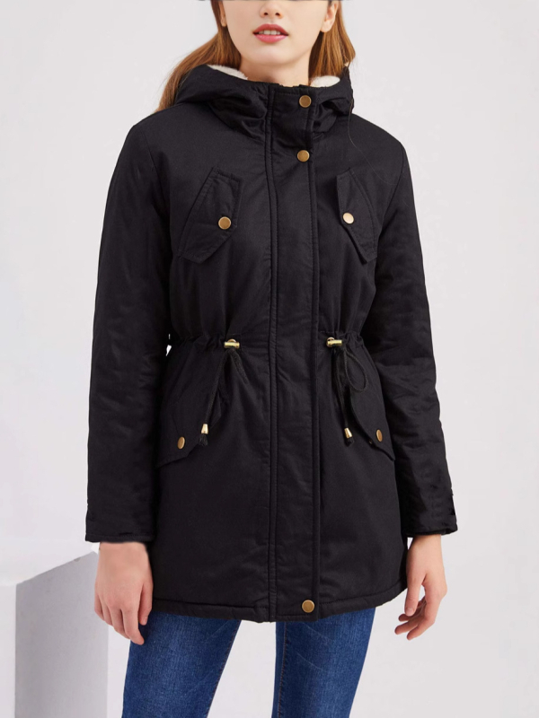 Moteriška vidutinio ilgio parka su gobtuvu, medvilnės užpildas, poliesterio-elastano audinys, stora, laisvas kirpimas, ilgos rankovės, užtrauktukas, žiema 2024