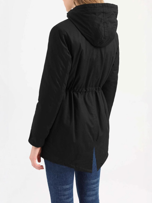 Moteriška vidutinio ilgio parka su gobtuvu, medvilnės užpildas, poliesterio-elastano audinys, stora, laisvas kirpimas, ilgos rankovės, užtrauktukas, žiema 2024