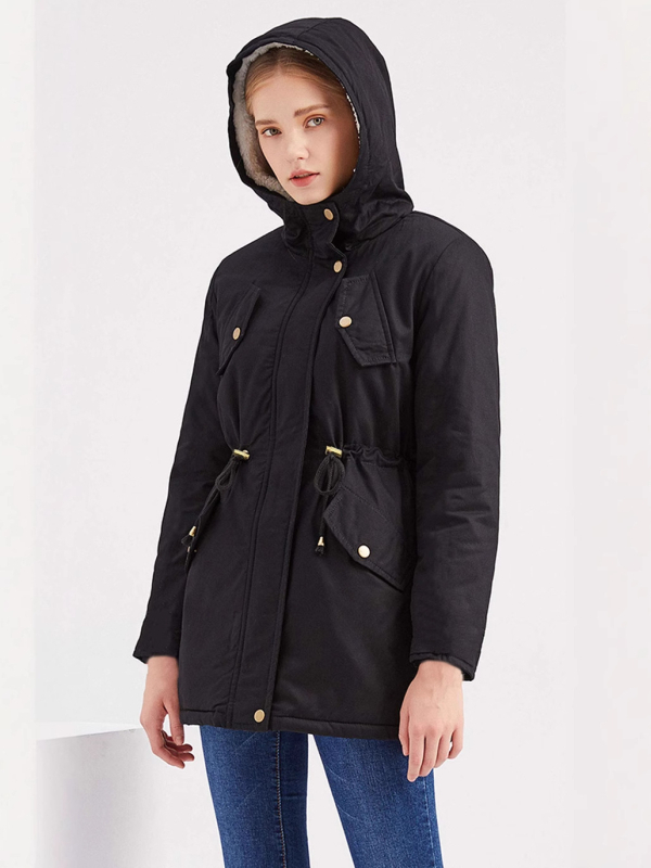 Moteriška vidutinio ilgio parka su gobtuvu, medvilnės užpildas, poliesterio-elastano audinys, stora, laisvas kirpimas, ilgos rankovės, užtrauktukas, žiema 2024