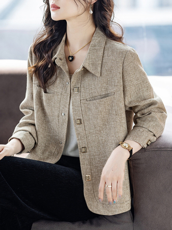 Moterų Chanel stiliaus trumpa palaidinė su chenille audiniu ir spandex mišiniu (<30%), ilgomis rankovėmis, polo apykakle, laisvas siluetas