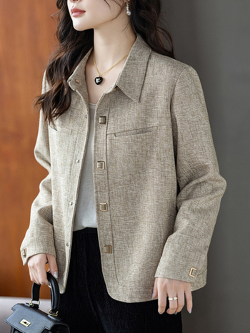 Moterų Chanel stiliaus trumpa palaidinė su chenille audiniu ir spandex mišiniu (<30%), ilgomis rankovėmis, polo apykakle, laisvas siluetas