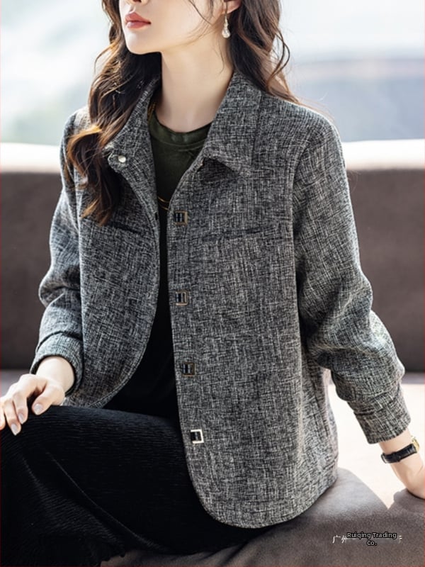 Moterų Chanel stiliaus trumpa palaidinė su chenille audiniu ir spandex mišiniu (<30%), ilgomis rankovėmis, polo apykakle, laisvas siluetas