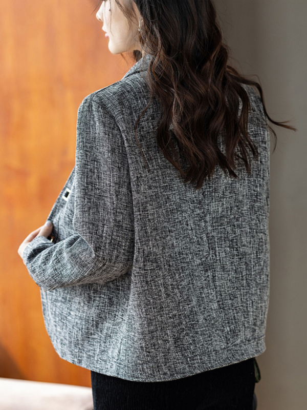 Moterų Chanel stiliaus trumpa palaidinė su chenille audiniu ir spandex mišiniu (<30%), ilgomis rankovėmis, polo apykakle, laisvas siluetas