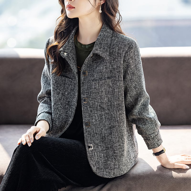 Moterų Chanel stiliaus trumpa palaidinė su chenille audiniu ir spandex mišiniu (<30%), ilgomis rankovėmis, polo apykakle, laisvas siluetas