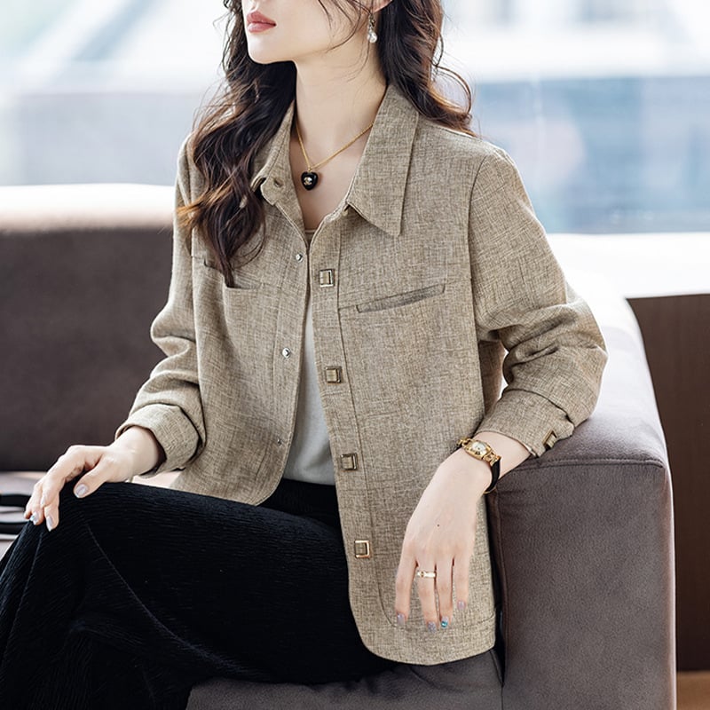 Moterų Chanel stiliaus trumpa palaidinė su chenille audiniu ir spandex mišiniu (<30%), ilgomis rankovėmis, polo apykakle, laisvas siluetas