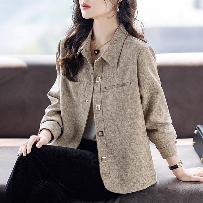 Moterų Chanel stiliaus trumpa palaidinė su chenille audiniu ir spandex mišiniu (<30%), ilgomis rankovėmis, polo apykakle, laisvas siluetas