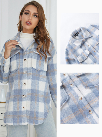 Moteriškas poliesterio paltas languotu raštu, laisvas kirpimas, vidutinio ilgio 50–65 cm, ilgos rankovės