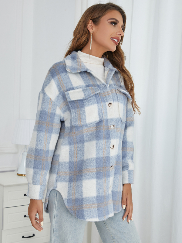 Moteriškas poliesterio paltas languotu raštu, laisvas kirpimas, vidutinio ilgio 50–65 cm, ilgos rankovės