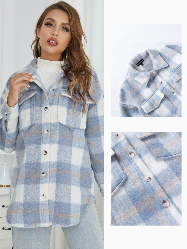 Moteriškas poliesterio paltas languotu raštu, laisvas kirpimas, vidutinio ilgio 50–65 cm, ilgos rankovės