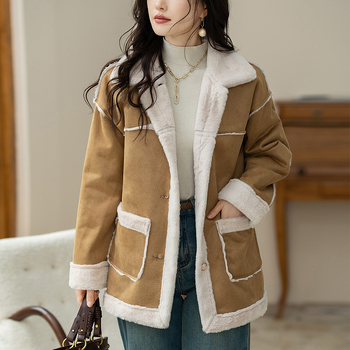 Patchwork pūkuota striukė, akrilinis audinys, žiedlapių formos rankovės, kostiumo tipo apykaklė, viengubas užsegimas – suaugusių moterų miesto stilius