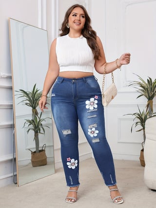 Jeansi pentru femei cu elasticitate mare, imprimeu, talie medie, amestec bumbac-poliester, croială strânsă