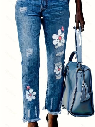 Jeansi pentru femei cu elasticitate mare, imprimeu, talie medie, amestec bumbac-poliester, croială strânsă