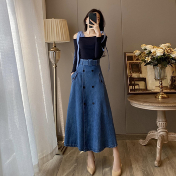 Φούστα τζιν μίντι με ψηλή μέση, διπλό κουμπί, Α-γραμμή, ύφασμα βαμβακο-τζίν