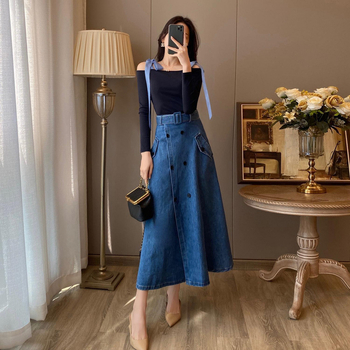 Φούστα τζιν μίντι με ψηλή μέση, διπλό κουμπί, Α-γραμμή, ύφασμα βαμβακο-τζίν