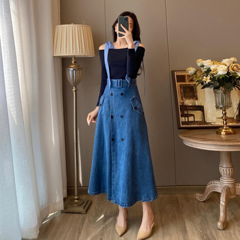 Φούστα τζιν μίντι με ψηλή μέση, διπλό κουμπί, Α-γραμμή, ύφασμα βαμβακο-τζίν
