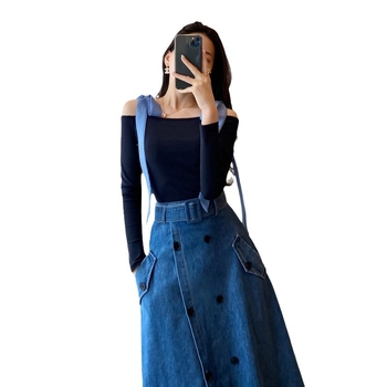 Φούστα τζιν μίντι με ψηλή μέση, διπλό κουμπί, Α-γραμμή, ύφασμα βαμβακο-τζίν