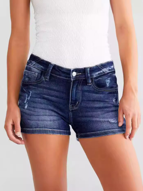 Γυναικείος ψηλόμεσος σορτς τζιν με σκισμένα και πλυμένα στοιχεία, 70–80% βαμβάκι, κάτω από 30% πολυεστέρας, λεύκανση, Καλοκαίρι 2024