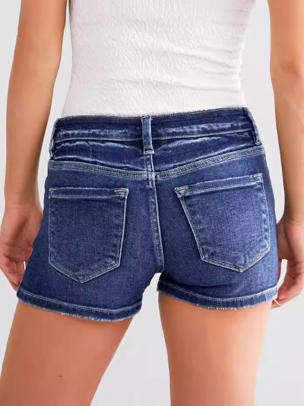 Γυναικείος ψηλόμεσος σορτς τζιν με σκισμένα και πλυμένα στοιχεία, 70–80% βαμβάκι, κάτω από 30% πολυεστέρας, λεύκανση, Καλοκαίρι 2024