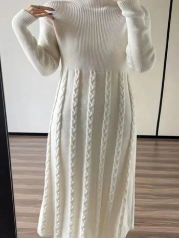 Κομψό μονόχρωμο φόρεμα από πολυεστέρα, μακριά μανίκια, στάντ γιακά, μακριά φούστα