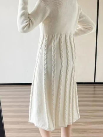 Κομψό μονόχρωμο φόρεμα από πολυεστέρα, μακριά μανίκια, στάντ γιακά, μακριά φούστα