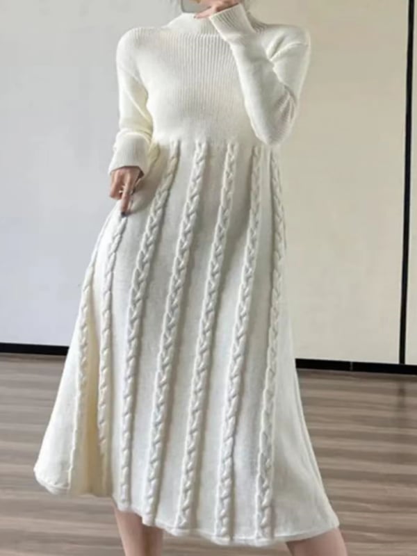 Κομψό μονόχρωμο φόρεμα από πολυεστέρα, μακριά μανίκια, στάντ γιακά, μακριά φούστα