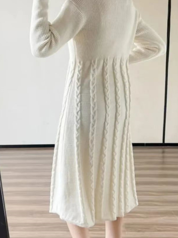 Κομψό μονόχρωμο φόρεμα από πολυεστέρα, μακριά μανίκια, στάντ γιακά, μακριά φούστα