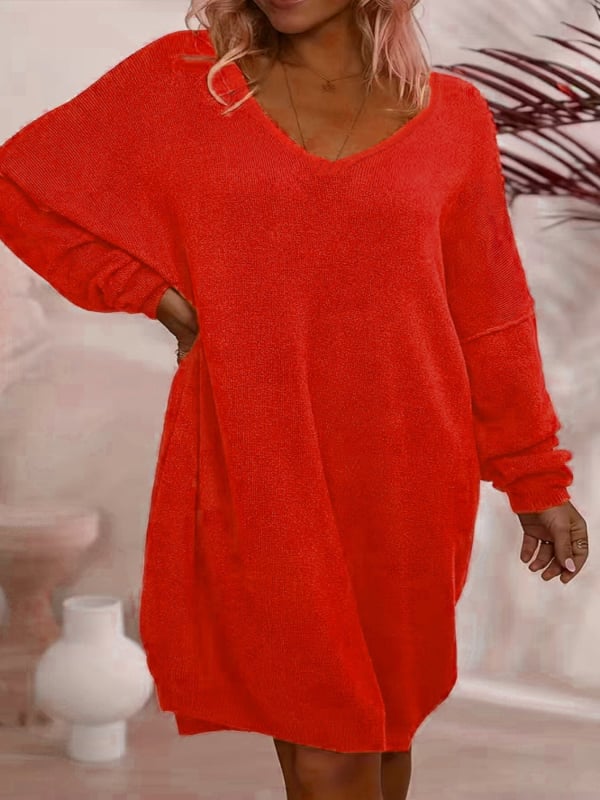 Πλεκτό φόρεμα με V-λαιμό, μακριά μανίκια, ύφασμα πολυεστέρα, κοντή φούστα