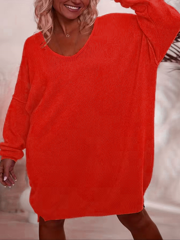 Πλεκτό φόρεμα με V-λαιμό, μακριά μανίκια, ύφασμα πολυεστέρα, κοντή φούστα