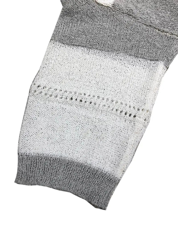 Megztinis su V kaklu, spalvų blokų dryžiai, poliesterio audinys, 3/4 rankovės, elegantiškas stilius