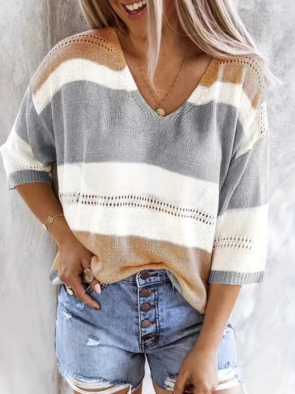 Megztinis su V kaklu, spalvų blokų dryžiai, poliesterio audinys, 3/4 rankovės, elegantiškas stilius