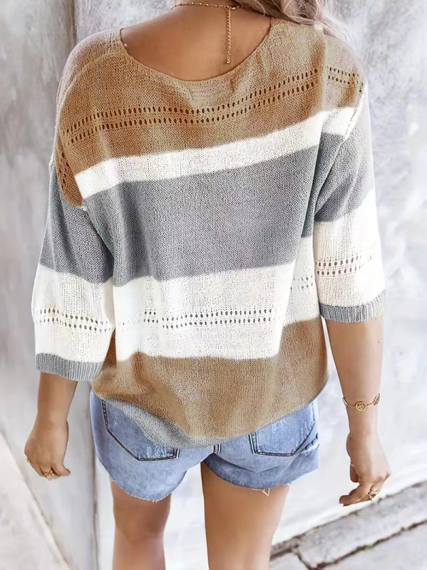 Megztinis su V kaklu, spalvų blokų dryžiai, poliesterio audinys, 3/4 rankovės, elegantiškas stilius