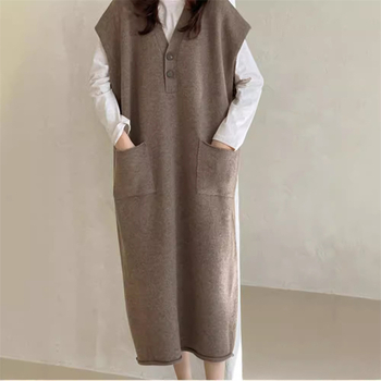 Φόρεμα πλεκτό με V-λαιμόκοψη, χωρίς μανίκια, μίντι μήκος, γραμμή Α, για γυναίκες