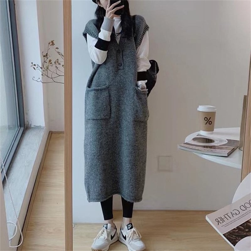 Rochie tricotată cu decolteu în V, fără mâneci, lungime midi, croială A-line, pentru femei