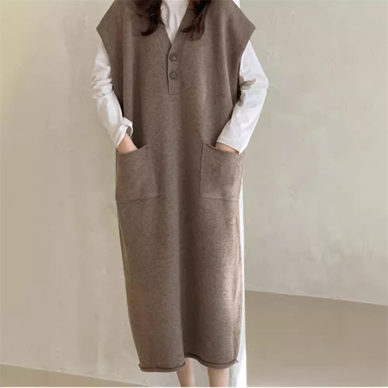 Rochie tricotată cu decolteu în V, fără mâneci, lungime midi, croială A-line, pentru femei
