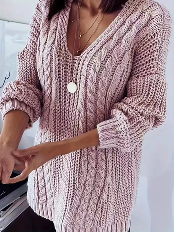 Moteriškas ilgomis rankovėmis megztinis su V formos kaklu, vienos spalvos poliesteris (Raštas: Vienos spalvos; Audinys: Poliesteris; Pagrindinis audinio sudėtis: 95%+; Iškirptė: V formos; Rankovės: Ilgos)