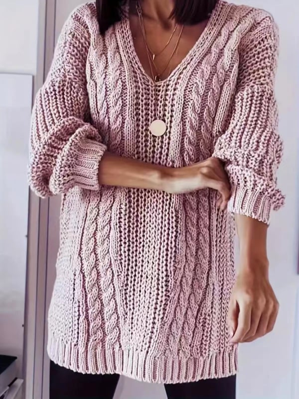 Moteriškas ilgomis rankovėmis megztinis su V formos kaklu, vienos spalvos poliesteris (Raštas: Vienos spalvos; Audinys: Poliesteris; Pagrindinis audinio sudėtis: 95%+; Iškirptė: V formos; Rankovės: Ilgos)