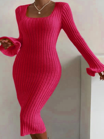 DUTRIEUX Πολυεστερικό Πλεκτό Φόρεμα-Πουλόβερ με Μακριά Μανίκια και Τετράγωνο Γιακά, Εφαρμόσιμο στη Λεκάνη, Μακρύ Μήκος