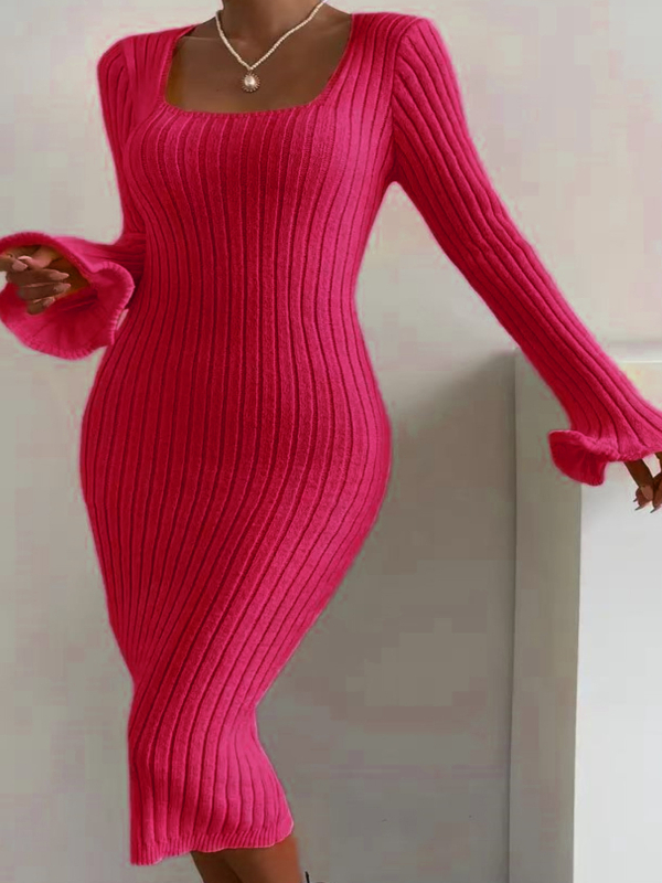 DUTRIEUX Πολυεστερικό Πλεκτό Φόρεμα-Πουλόβερ με Μακριά Μανίκια και Τετράγωνο Γιακά, Εφαρμόσιμο στη Λεκάνη, Μακρύ Μήκος