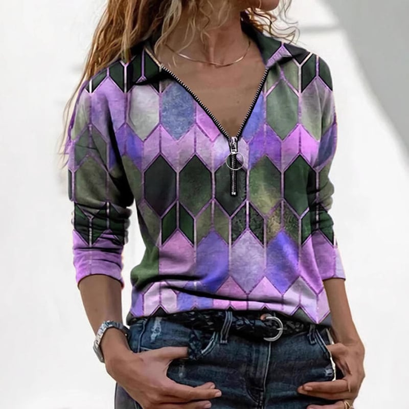 Majica s dugim rukavima i ovratnikom s reverom, otisak, mješavina pamuka i poliestera sa spandexom, slim fit, ulični stil, proljeće 2025