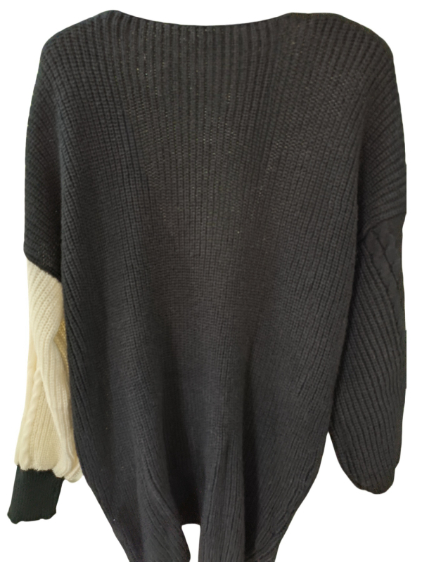 Moteriški megztinis su V kaklu ir kontrastiniu raštu, poliesteris, ilgos rankovės, nuleisti pečiai