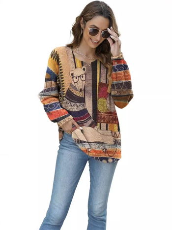 Dámsky oversize sveter z mixu nylonu a polyesteru s vzorom zvieraťa, okrúhly výstrih, dlhé rukávy