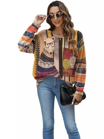 Dámsky oversize sveter z mixu nylonu a polyesteru s vzorom zvieraťa, okrúhly výstrih, dlhé rukávy